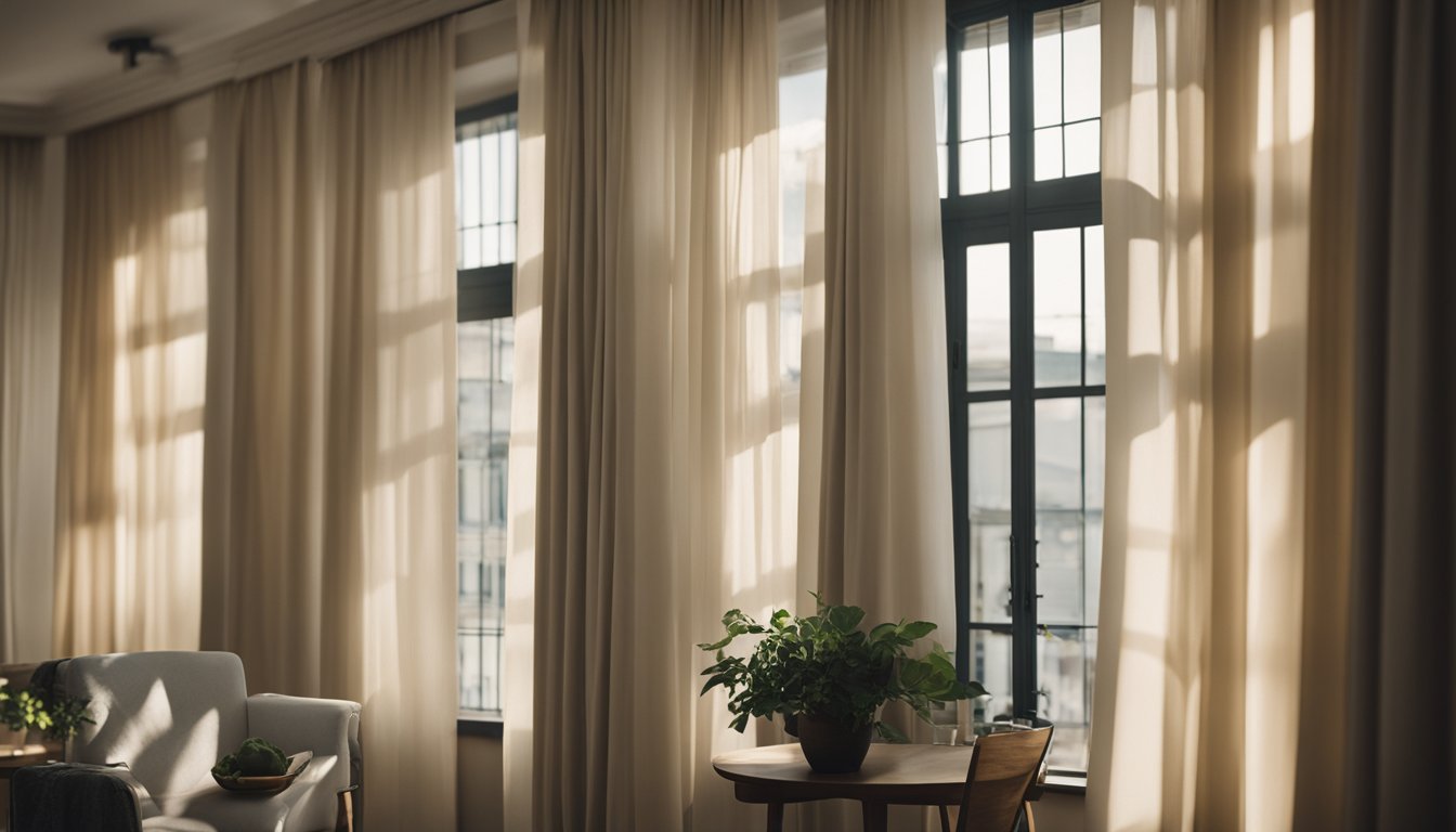 A sunlit room with large windows and sheer curtains, casting soft shadows and creating a bright, airy atmosphere. A strategically placed mirror reflects and amplifies the natural light