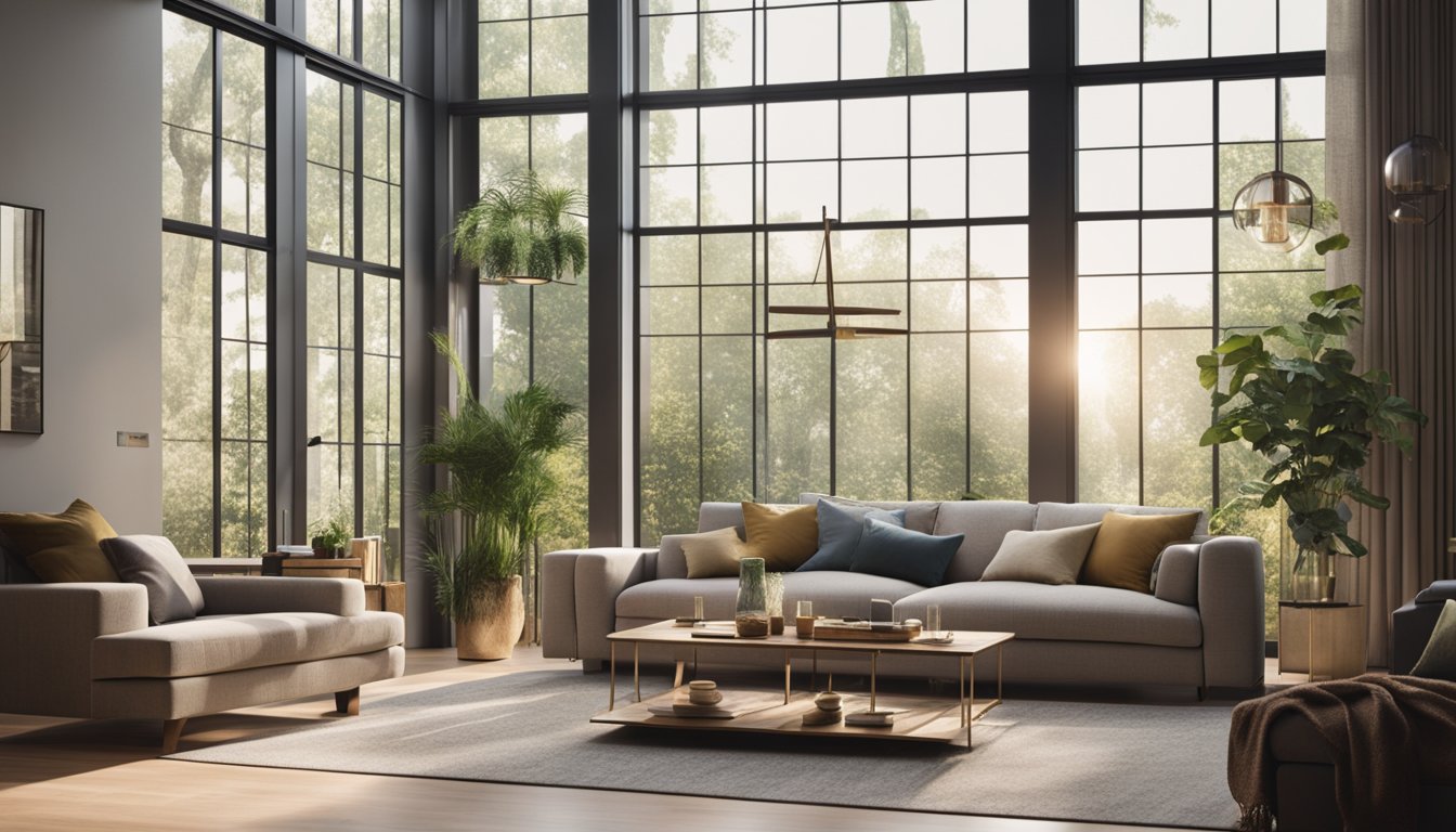 A cozy living room with large windows, streaming sunlight, and strategically placed mirrors to reflect and enhance the natural light