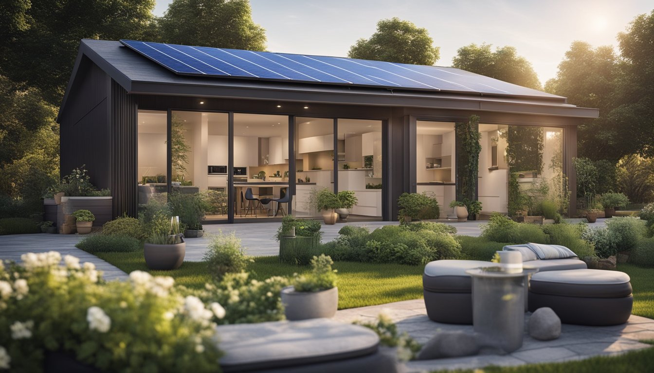 A modern, eco-friendly home with solar panels on the roof, a smart thermostat, energy-efficient appliances, and a lush garden with a compost bin