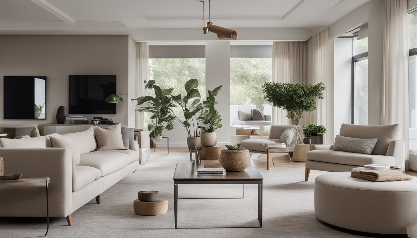 A serene living room with clean lines, neutral colors, and uncluttered surfaces. A few carefully chosen furniture pieces and a lack of unnecessary decor create a sense of calm and simplicity