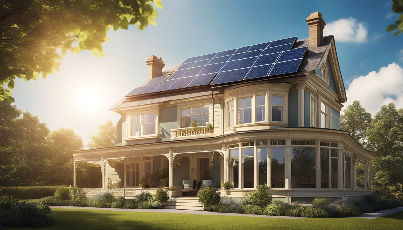 A Victorian home with solar panels on the roof, energy-efficient windows, and smart thermostats controlling heating and cooling