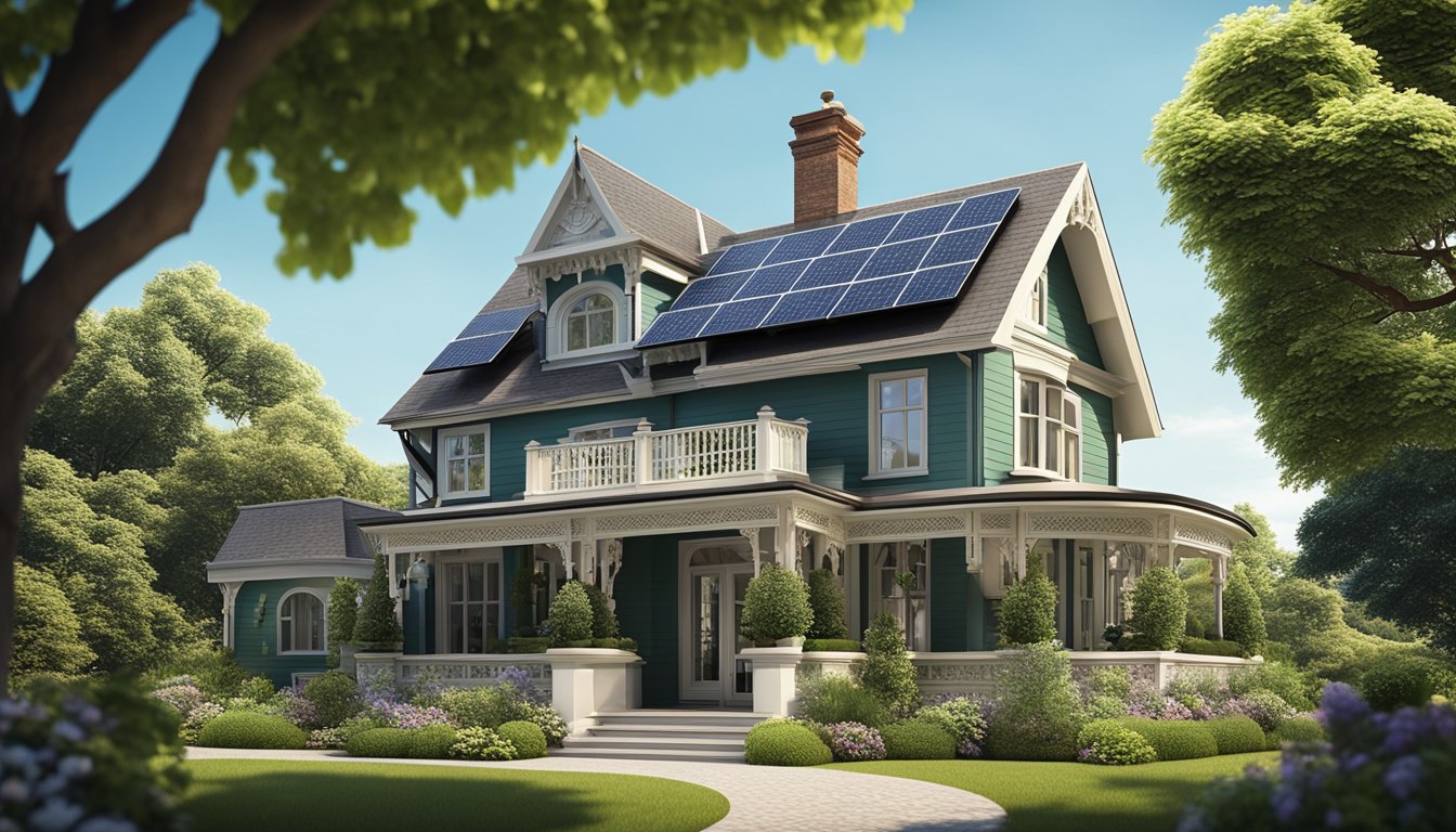 A Victorian home with modern energy upgrades, such as solar panels and smart technology, surrounded by green landscaping and a clear blue sky