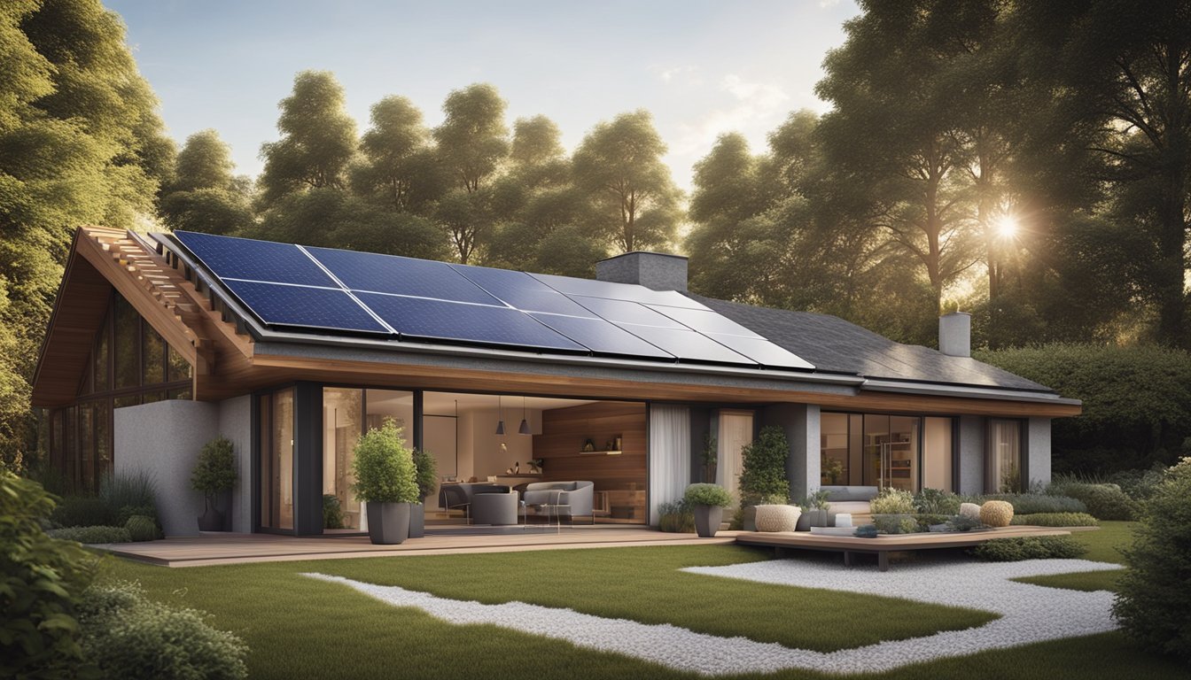 A cozy, modern home with sustainable insulation materials such as recycled denim, sheep's wool, and cellulose fiber. Solar panels on the roof and a lush garden add to the eco-friendly atmosphere