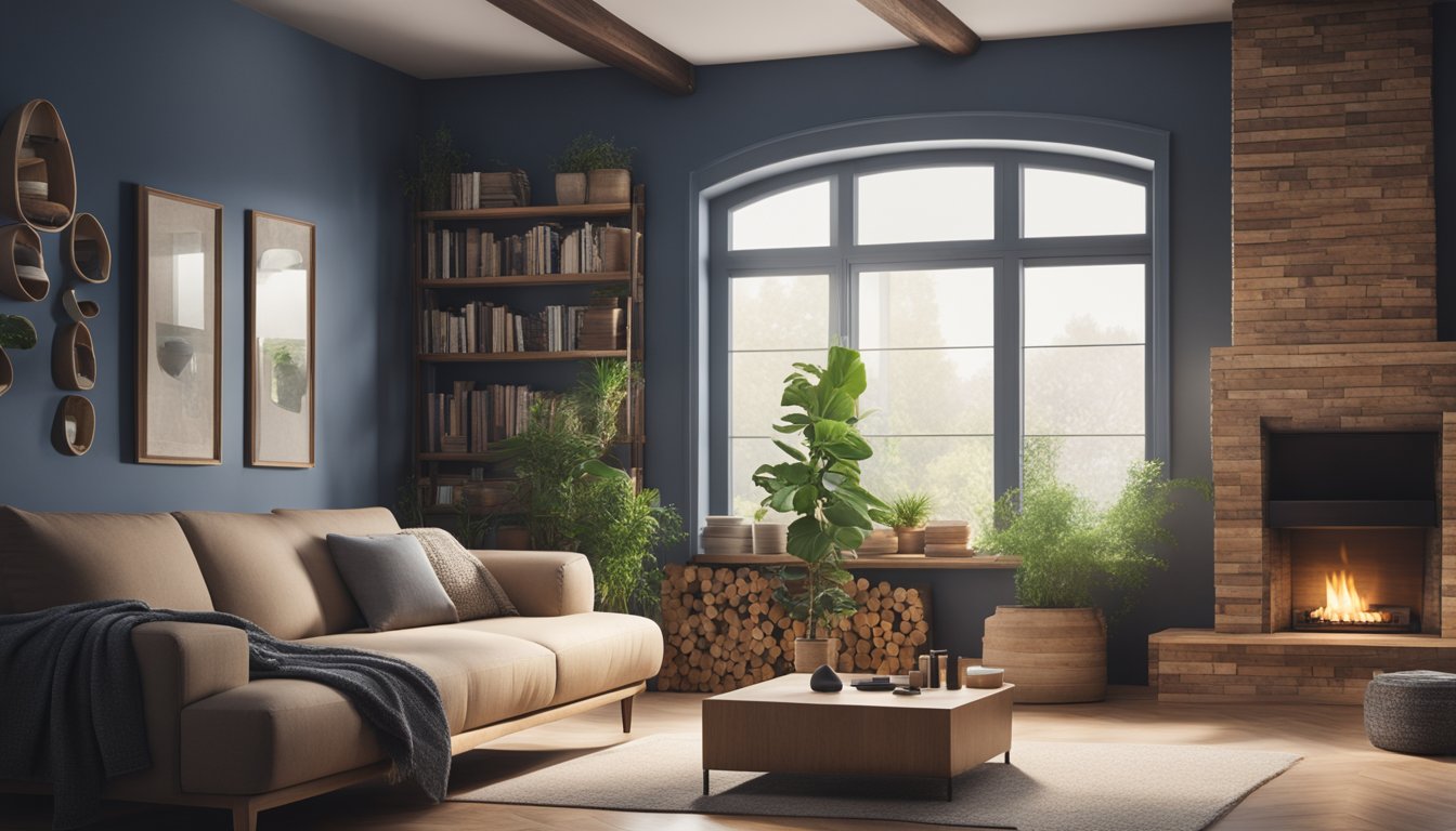 A cozy living room with a fireplace, surrounded by eco-friendly insulation materials such as recycled denim, wool, and cork. A bookshelf with plant-filled pots and a large window with natural light