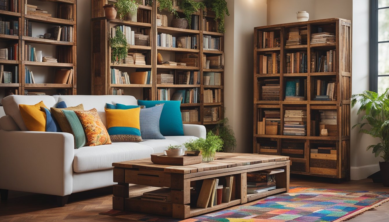 A cozy living room with a bookshelf made from repurposed wooden crates, a coffee table crafted from an old door, and a colorful patchwork quilt draped over a refurbished sofa