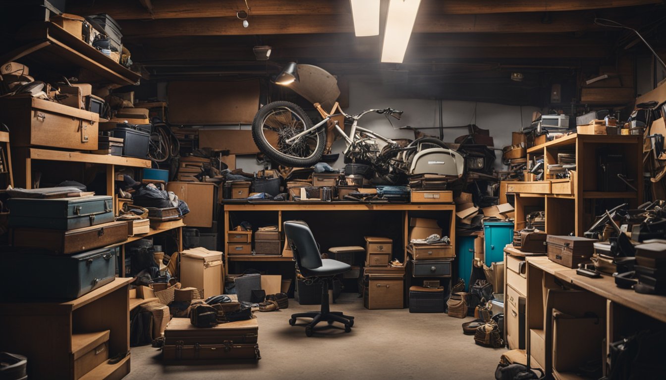 A cluttered garage with old furniture stacked haphazardly. A person rummages through the items, looking for inspiration