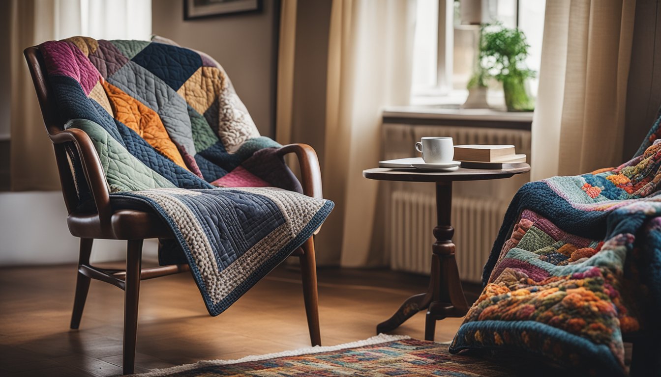 A cozy living room with upcycled fabric throw pillows, a repurposed rug, and a unique patchwork quilt draped over a chair