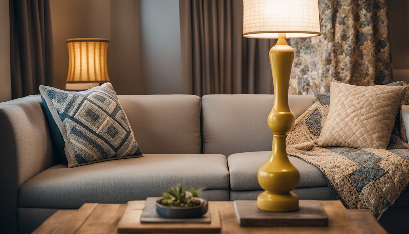 A cozy living room with upcycled fabric throw pillows and curtains, a repurposed fabric lampshade, and a patchwork quilt draped over the sofa