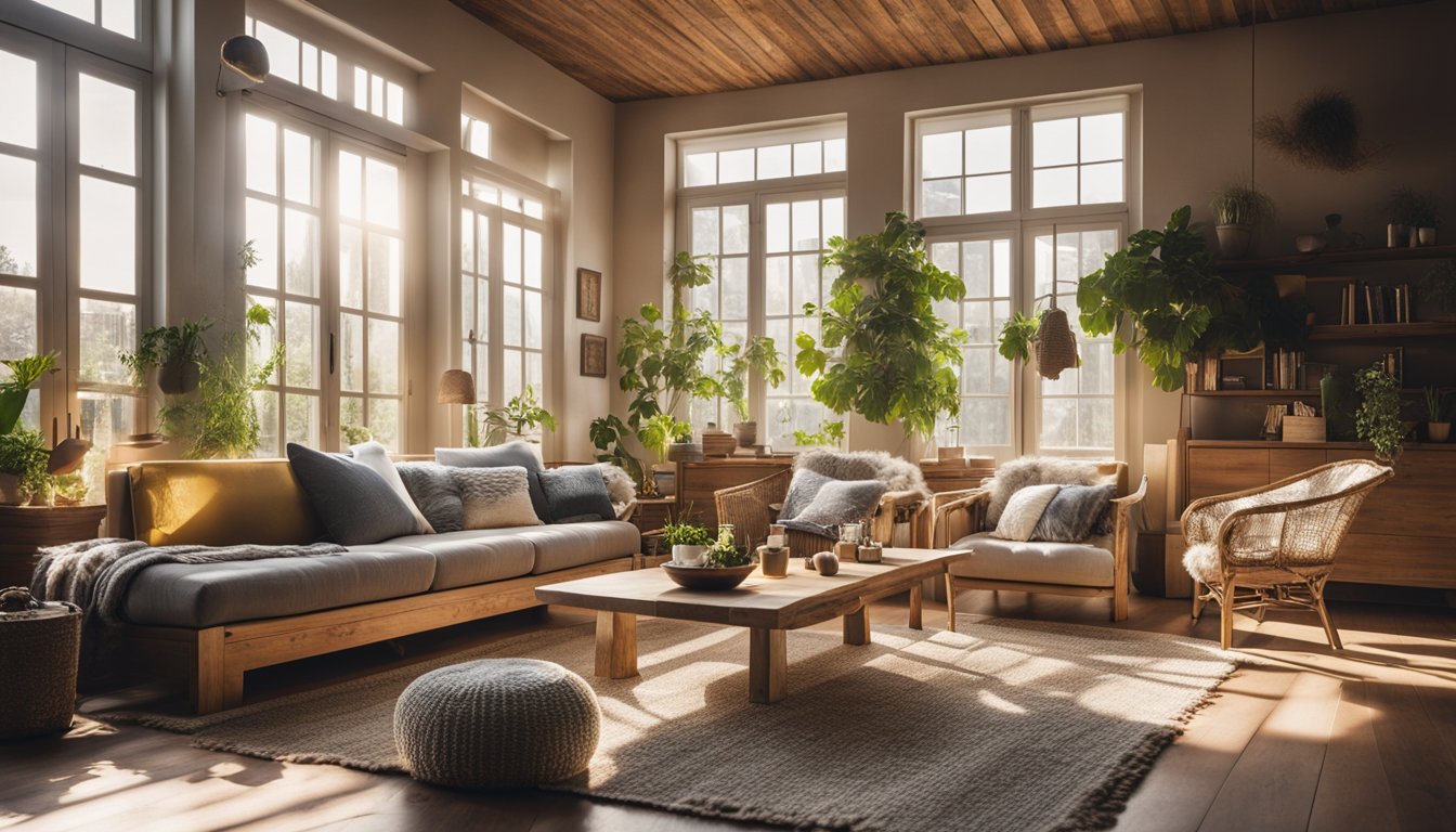 A cozy living room with furniture made from recycled wood and natural fiber textiles, adorned with upcycled glass and metal decor. Sunshine streams in through energy-efficient windows