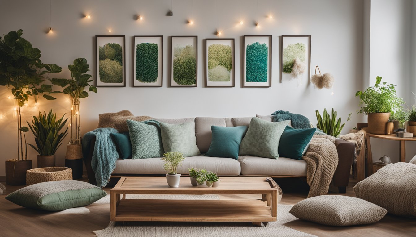 A cozy living room with recycled wood furniture, repurposed glass decor, and upcycled fabric cushions. A wall display of DIY sustainable art