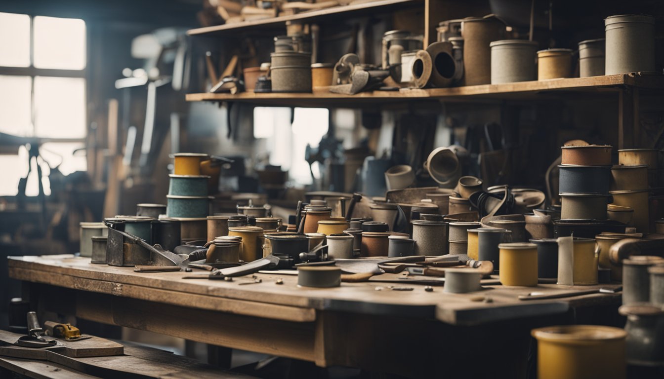 A cluttered workshop with old furniture pieces, tools, and paint cans. A table being transformed with sanding and repainting