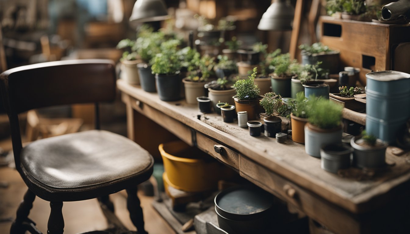 A cluttered workshop with old furniture pieces, paint cans, and tools scattered around. A person repurposes a chair into a planter while another turns an old dresser into a pet bed