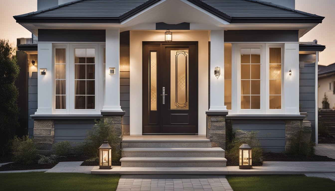 A house with reinforced windows, motion sensor lights, and a sturdy front door with a smart lock