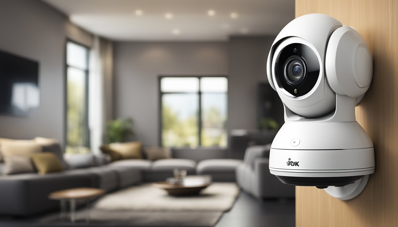 A home security system with various creative elements such as smart locks, motion sensor lights, and surveillance cameras integrated into the design of a modern and stylish home