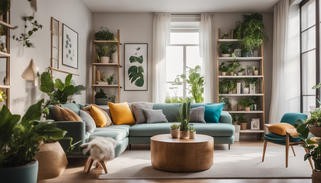 A cozy living room with plants, colorful throw pillows, and unique art on the walls. A bookshelf filled with interesting knick-knacks and a comfortable seating area