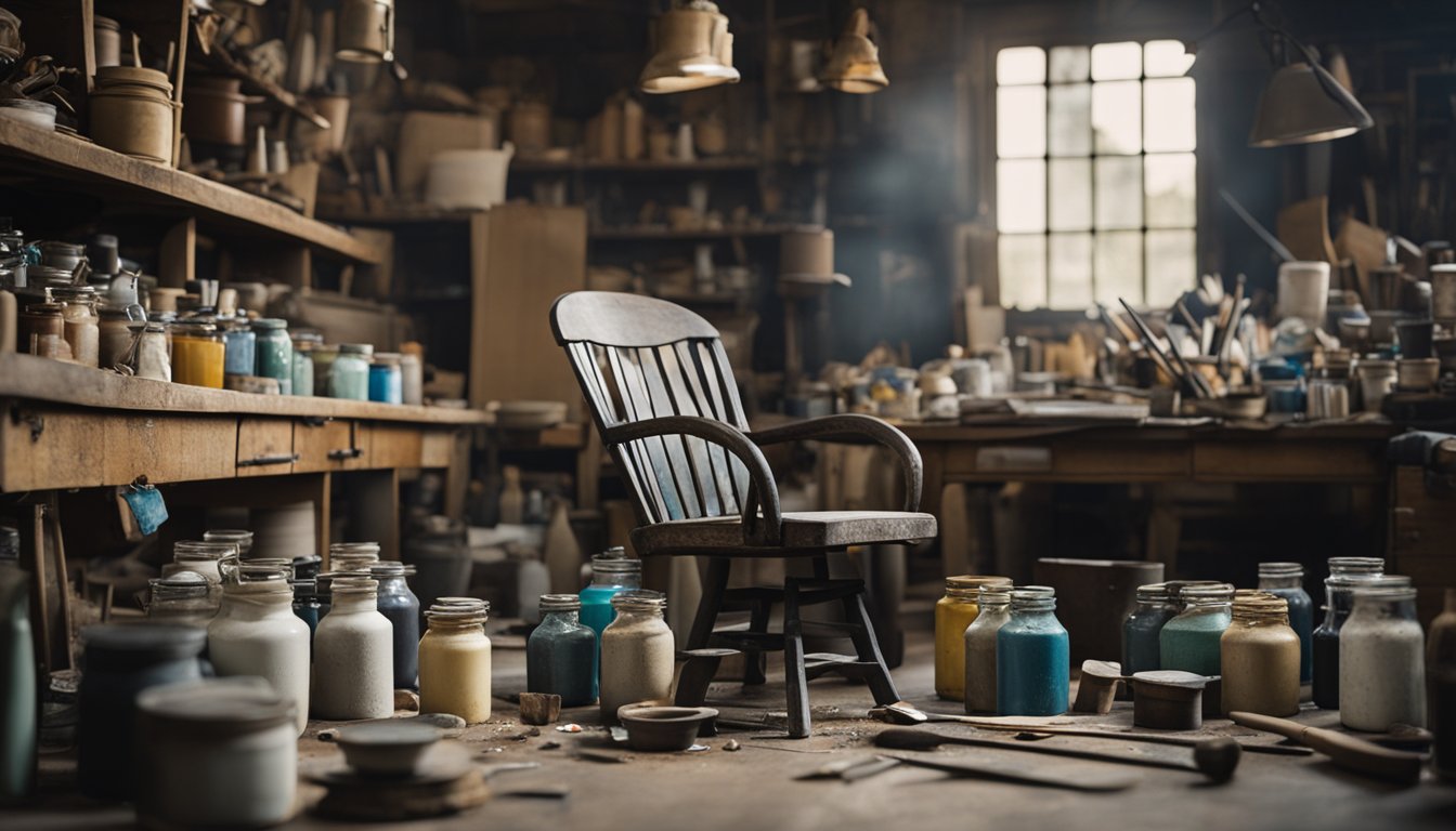 A cluttered workshop with tools, paint, and various pieces of old furniture. A worn-out chair sits in the center, surrounded by jars of paint and brushes