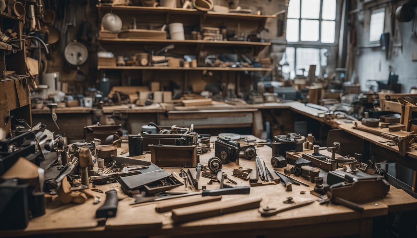 A cluttered workshop with discarded furniture and various tools, showcasing the process of upcycling