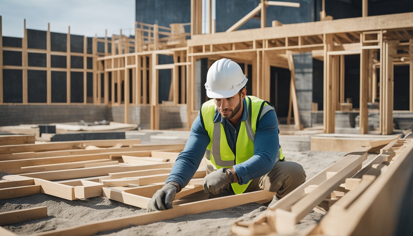 A modern, eco-friendly home construction site with workers using innovative methods and safety equipment