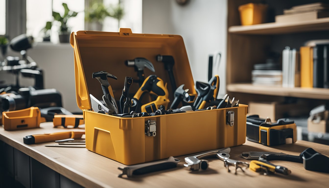 A toolbox with various tools scattered around a modern, well-lit home interior