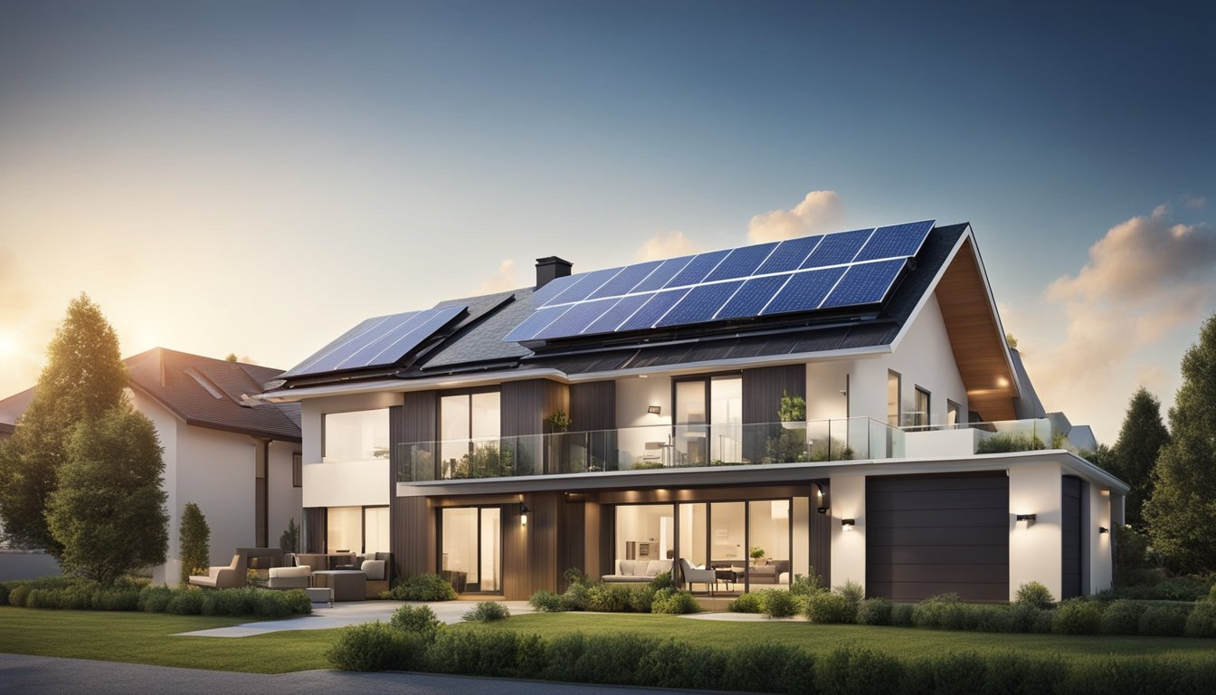 A modern home with smart technology controlling lights, thermostat, and appliances to optimize energy efficiency. Solar panels on the roof