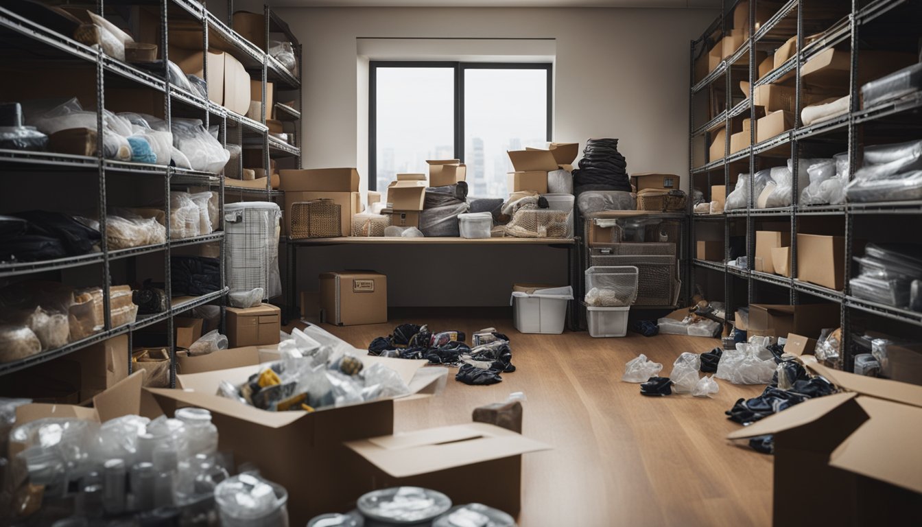 A cluttered room with various items organized into piles, a clear path for walking, and a few empty storage containers ready to be filled