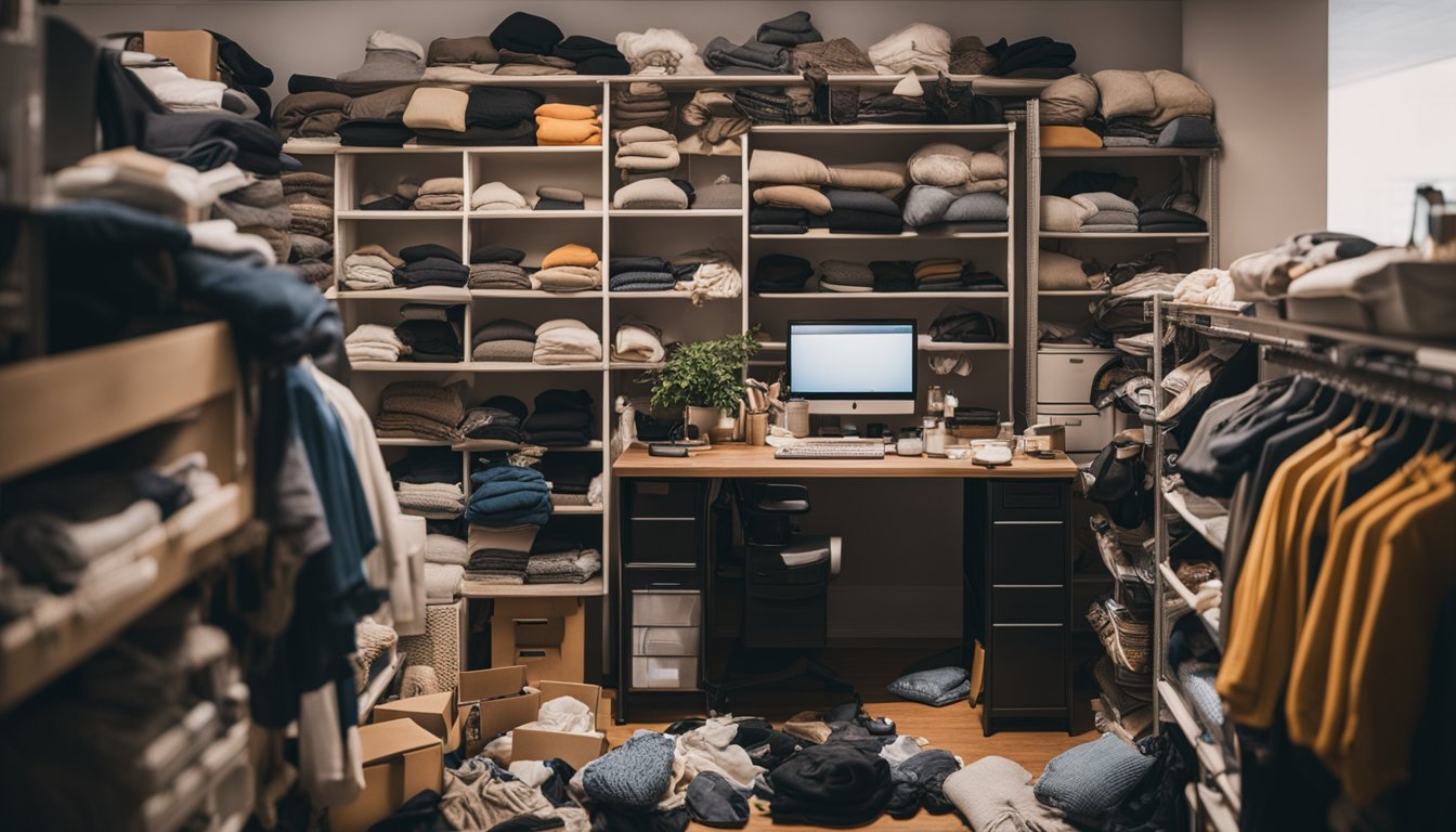 A cluttered room with scattered items, piles of clothes, and overflowing shelves. A clear path to a tidy, organized space is visible