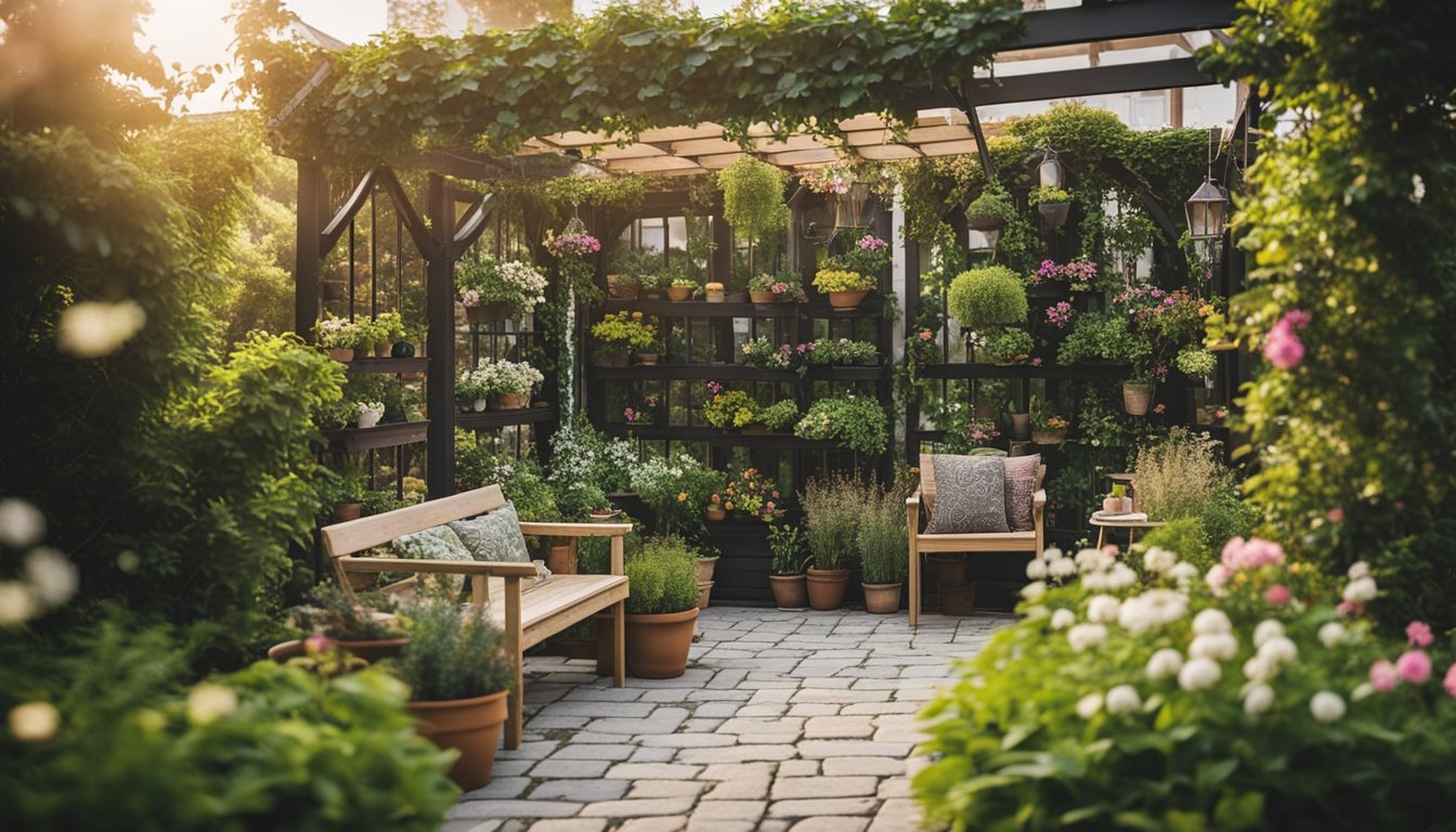 A small, budget-friendly garden with neatly arranged flower beds, a cozy seating area, and a charming DIY trellis covered in climbing plants