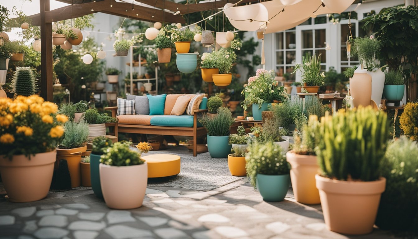 A colorful garden with DIY furniture, potted plants, and budget-friendly decor