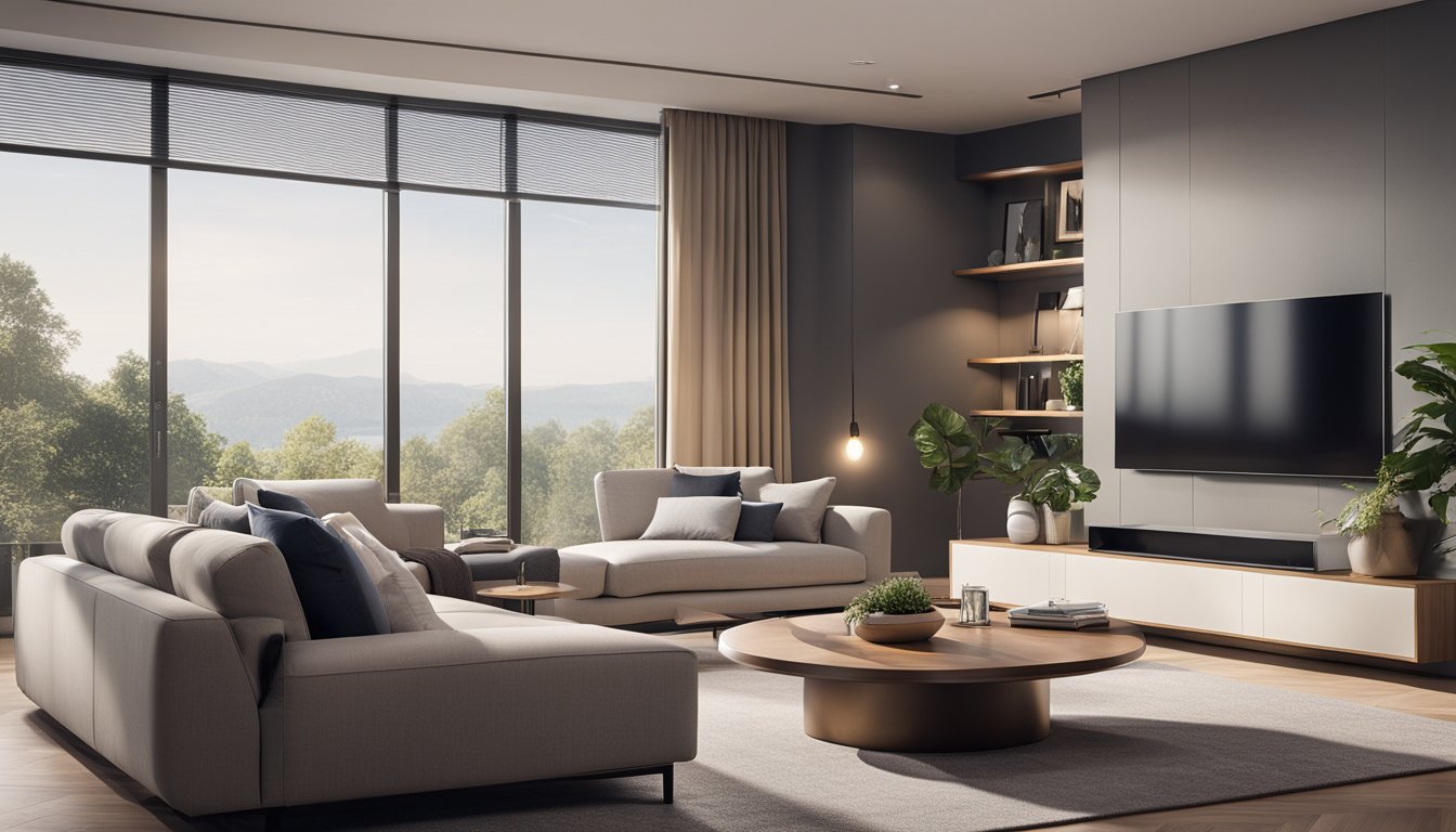 A sleek, minimalist living room with voice-controlled lighting and climate systems, integrated smart speakers, and automated window shades