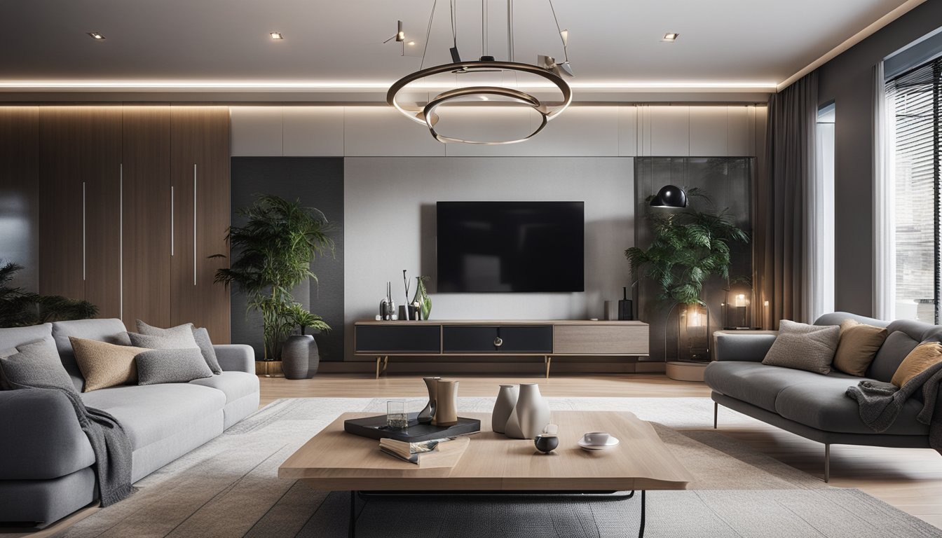 A modern living room with smart home devices and sleek design elements