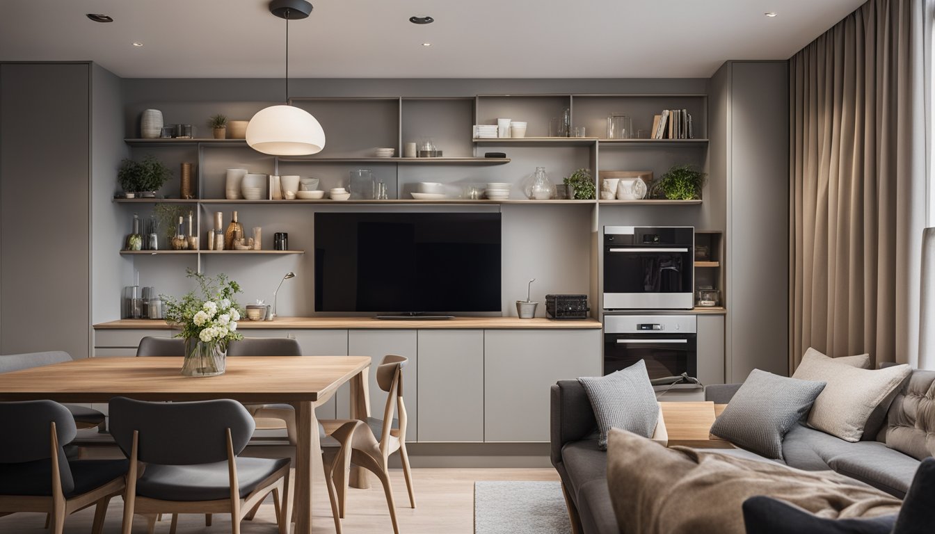 A small London flat with cleverly arranged furniture to maximize space, featuring a compact dining area, multi-functional storage solutions, and a cozy living space