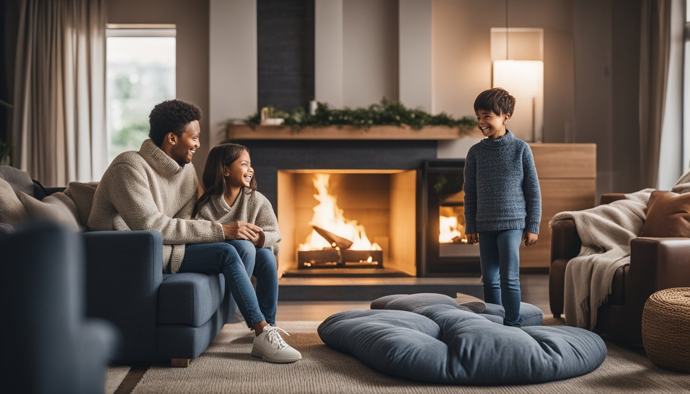 A cozy living room with a family gathered around a fireplace, surrounded by eco-friendly insulation materials such as recycled denim and cellulose