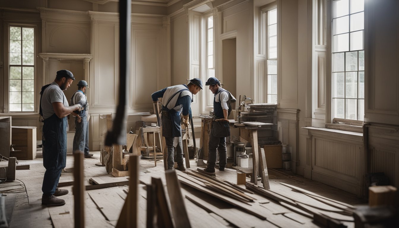 A historic period home undergoing renovation with workers using modern tools and materials, while preserving the original architectural features