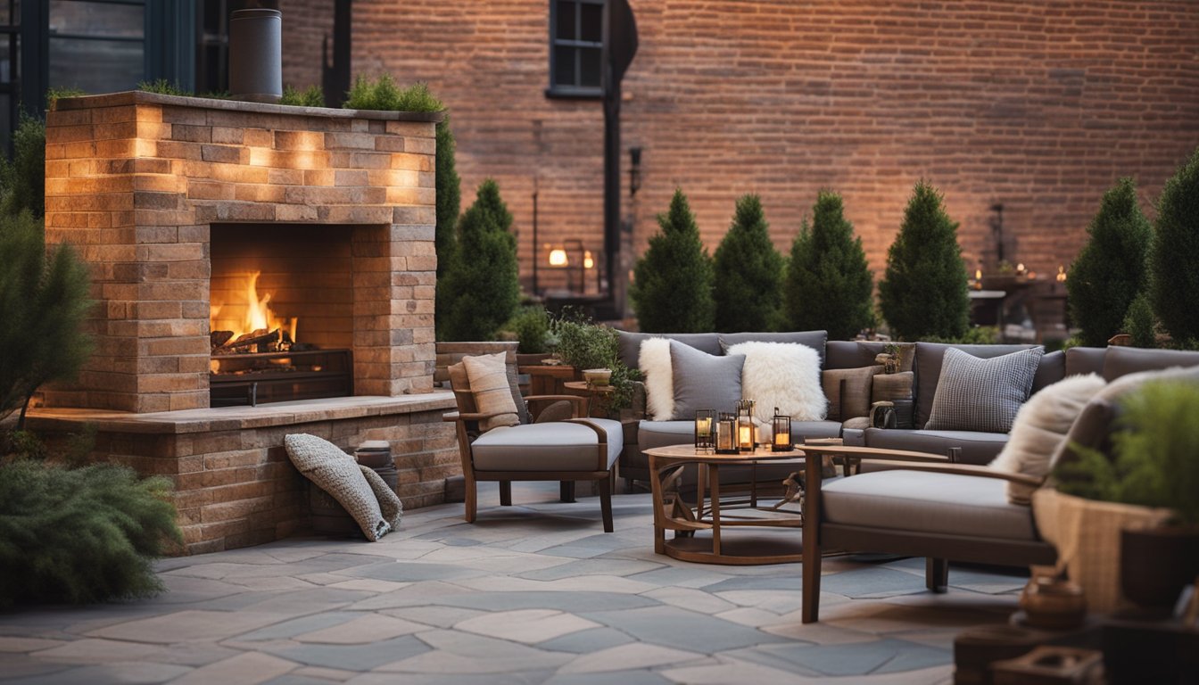 A cozy outdoor patio with a fireplace made of reclaimed bricks, surrounded by creative brick features like a seating area and a decorative wall