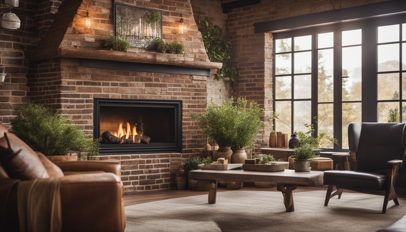 A cozy living room with a rustic fireplace adorned with reclaimed bricks, used as bookends, a planter, and a unique accent wall