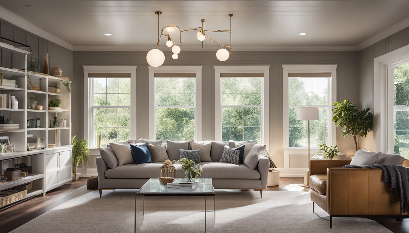 A cozy living room with various energy-efficient light fixtures, including LED bulbs and smart lighting controls. Natural light streams in through large windows