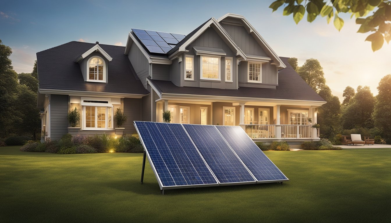 An older home with energy-efficient upgrades: LED lightbulbs, smart thermostat, and insulated windows. Solar panels on the roof