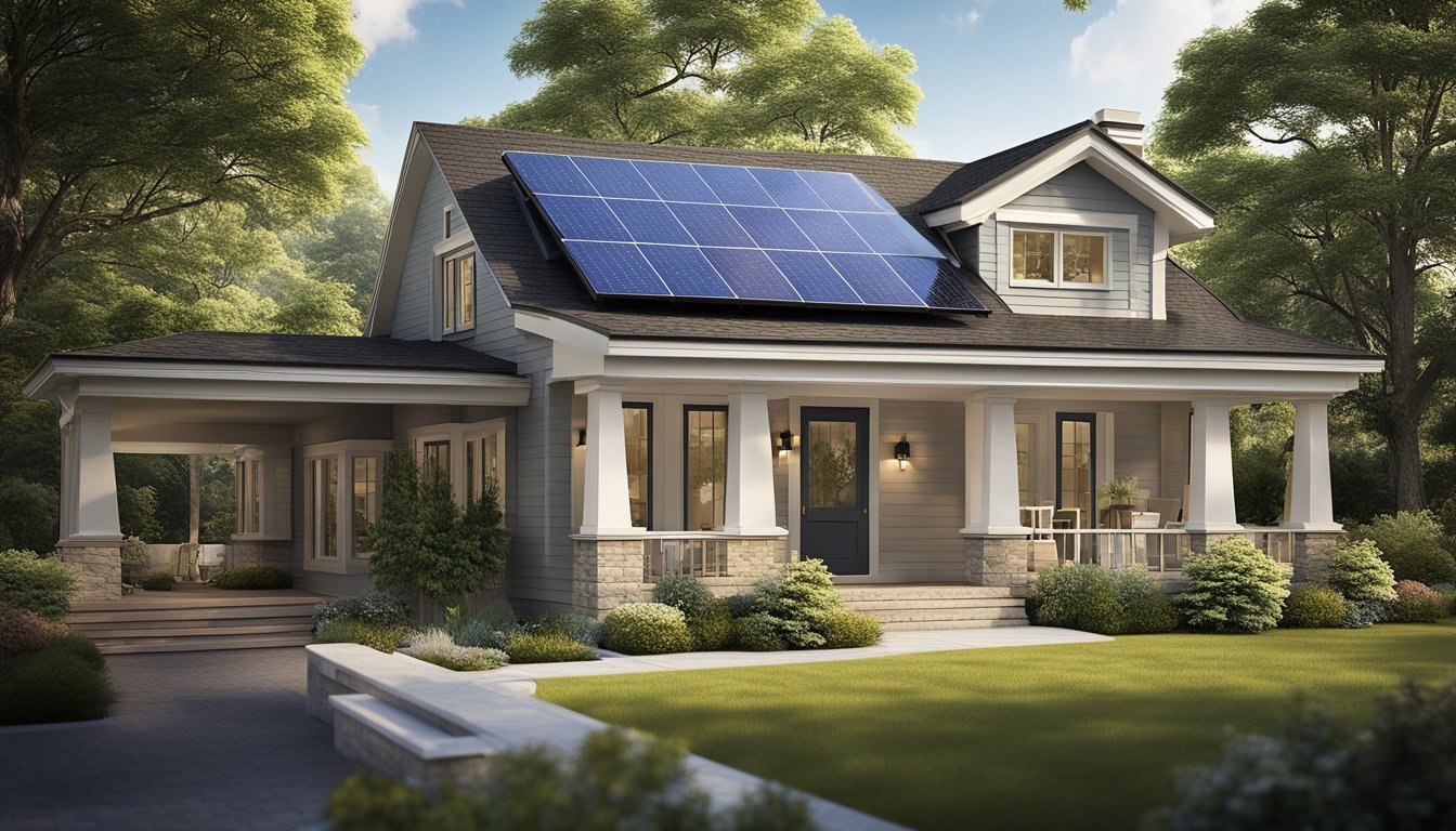 An older home with various energy-saving upgrades, such as insulated windows, LED light bulbs, and smart thermostats. The scene also includes solar panels on the roof and weather-stripping around doors and windows