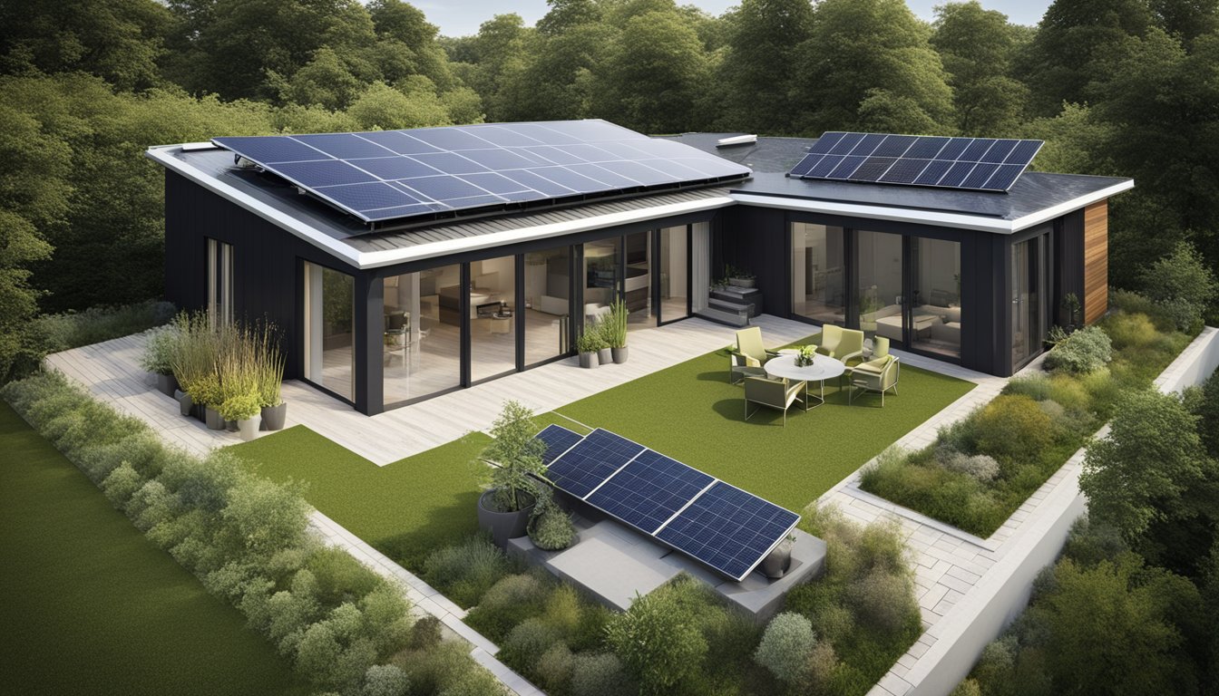 A modern eco-friendly home extension with solar panels, rainwater collection system, and a green roof garden