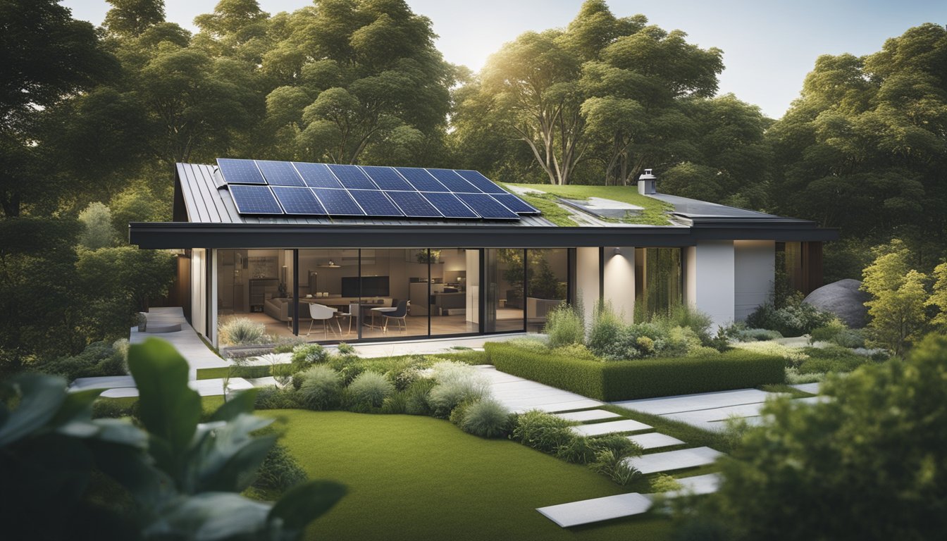 A modern eco-friendly home with solar panels and a green roof, surrounded by a lush garden and sustainable landscaping