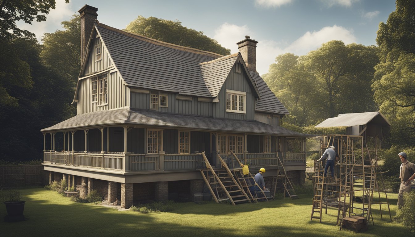 A historic cottage surrounded by scaffolding, with workers carefully restoring the exterior and a preservationist overseeing the process