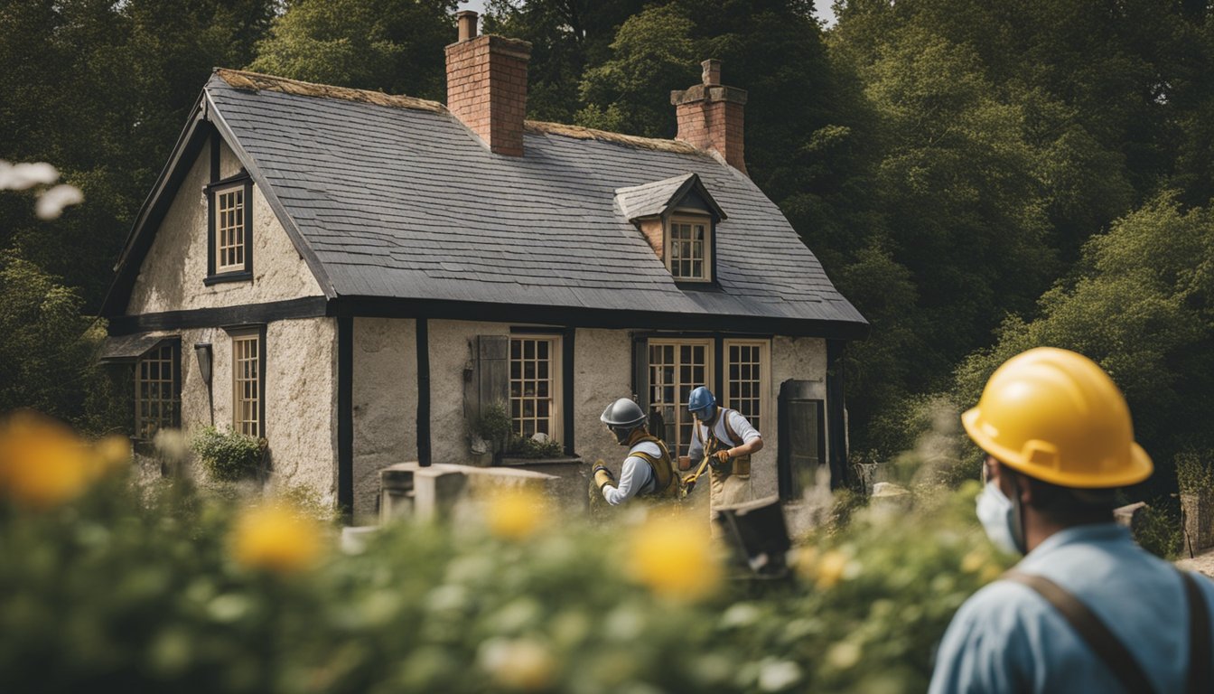 A historic cottage being carefully restored, with workers using tools and wearing protective gear to ensure safety