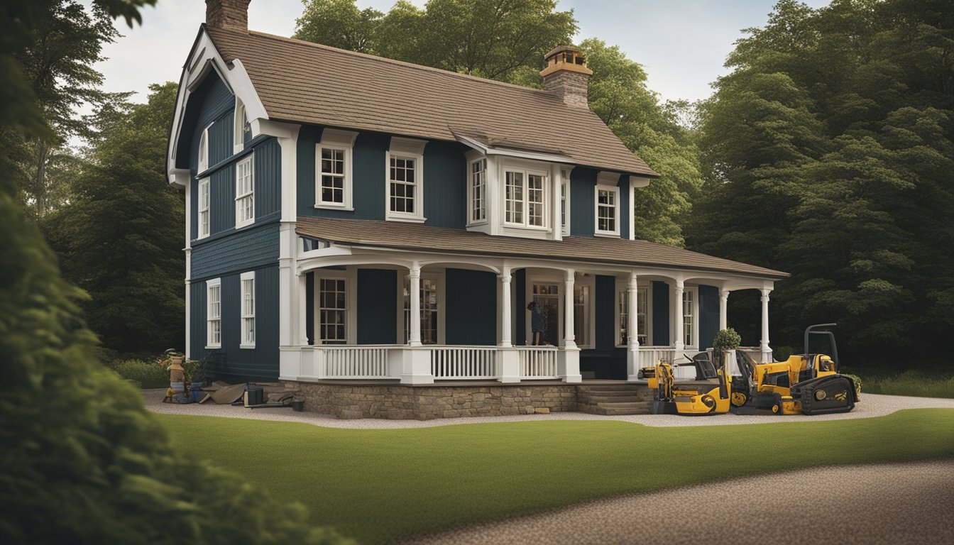 A historic cottage surrounded by construction tools and safety equipment, with workers carefully restoring the exterior and interior