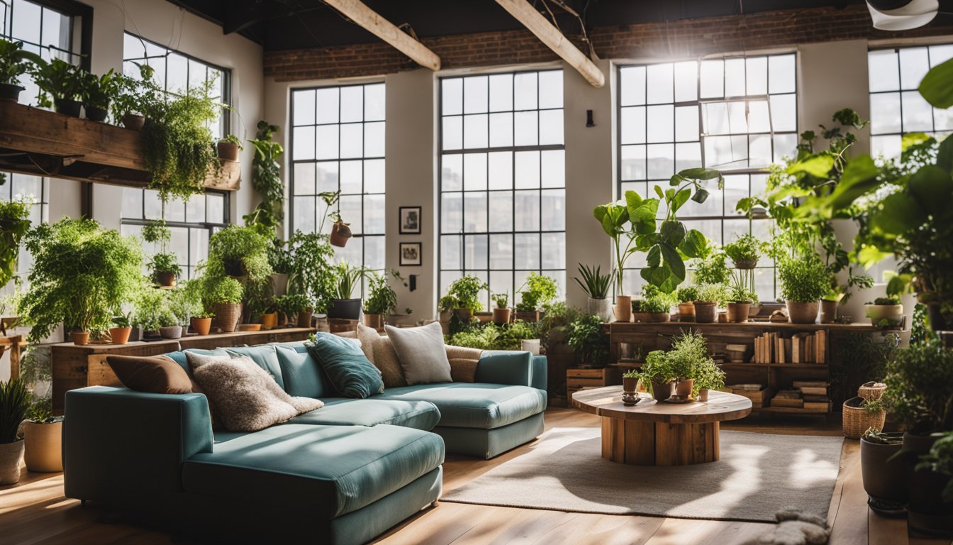 A cozy living room with furniture made from upcycled materials, such as a coffee table crafted from reclaimed wood pallets and a sofa upholstered in repurposed fabric. The room is filled with potted plants and natural light streaming in through large windows