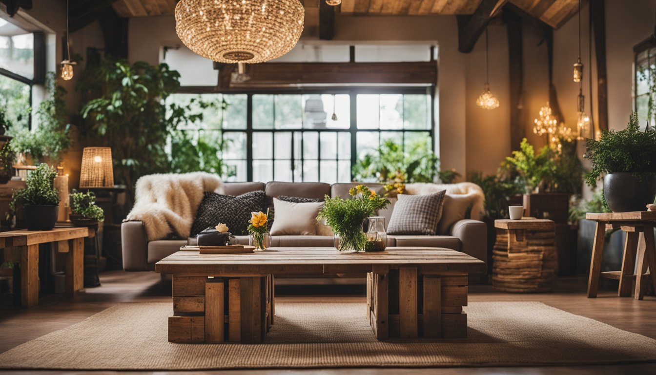 A cozy living room with upcycled furniture and decor, such as a coffee table made from reclaimed wood pallets and a chandelier crafted from recycled glass bottles