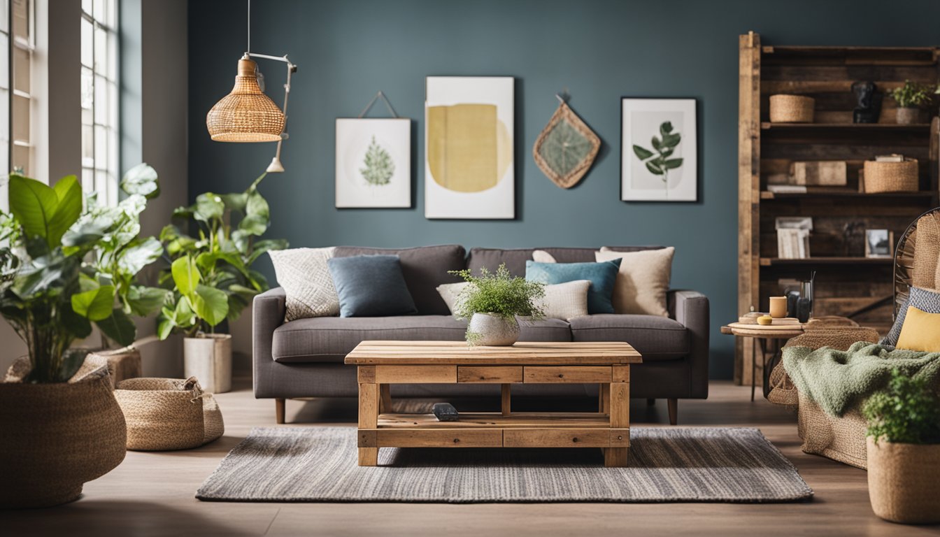 A cozy living room with upcycled furniture and decor, such as repurposed pallet shelves, a coffee table made from reclaimed wood, and a rug woven from recycled materials