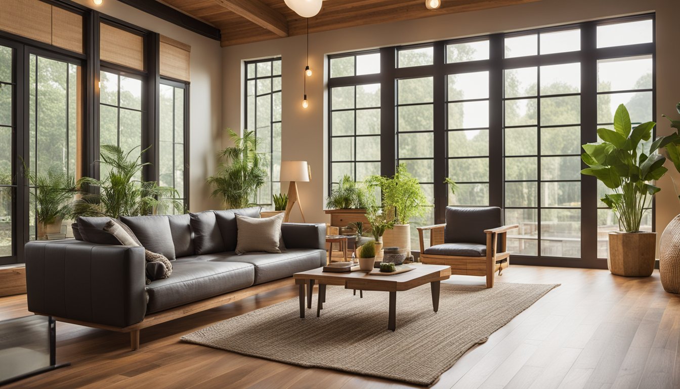 A cozy living room with sustainable bamboo flooring, energy-efficient LED lighting, and repurposed furniture made from reclaimed wood. Glass windows allow natural light to fill the room, and potted plants bring a touch of nature indoors