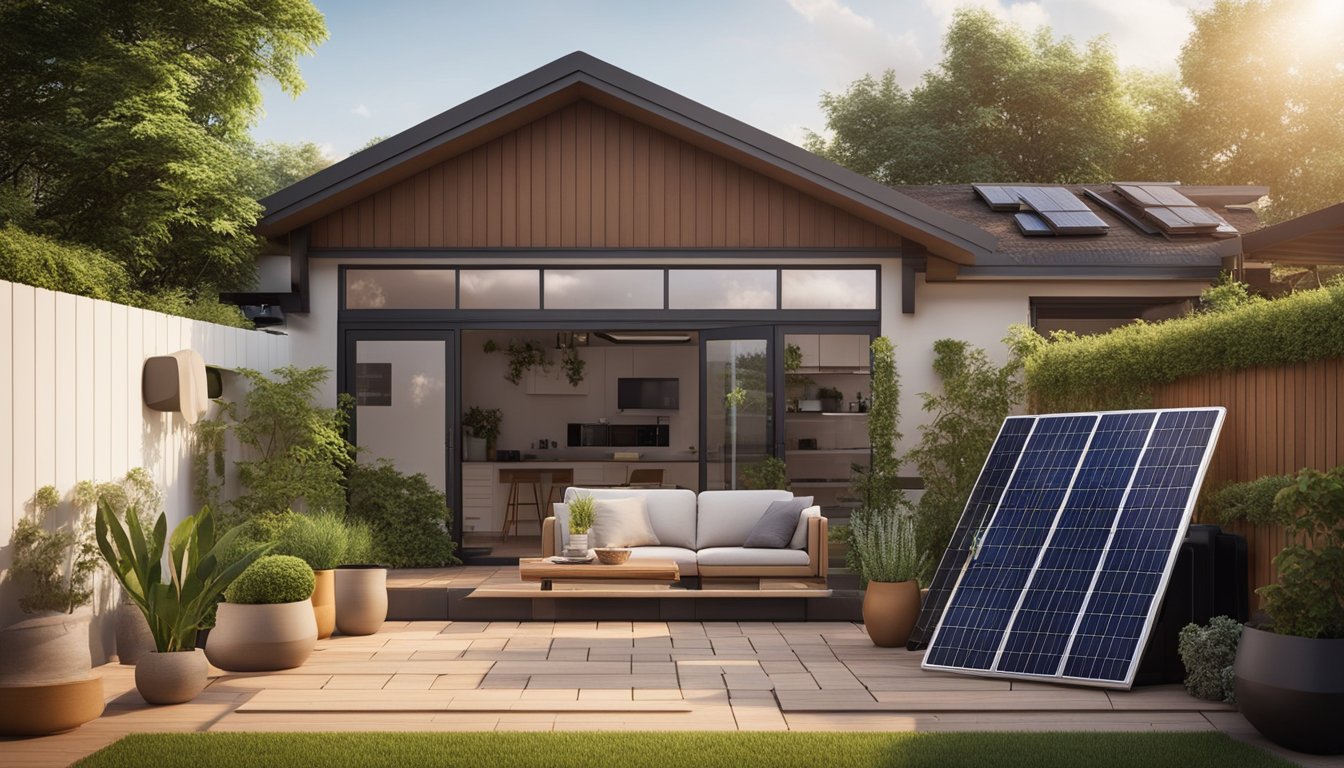 A cozy living room with sustainable materials, energy-efficient appliances, and indoor plants. A solar panel on the roof and a rainwater collection system in the backyard