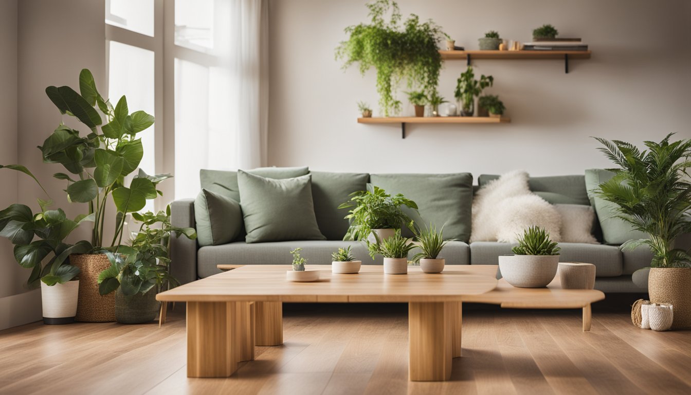 A cozy living room with sustainable materials like bamboo flooring, energy-efficient lighting, and indoor plants. A recycling station is set up for easy disposal