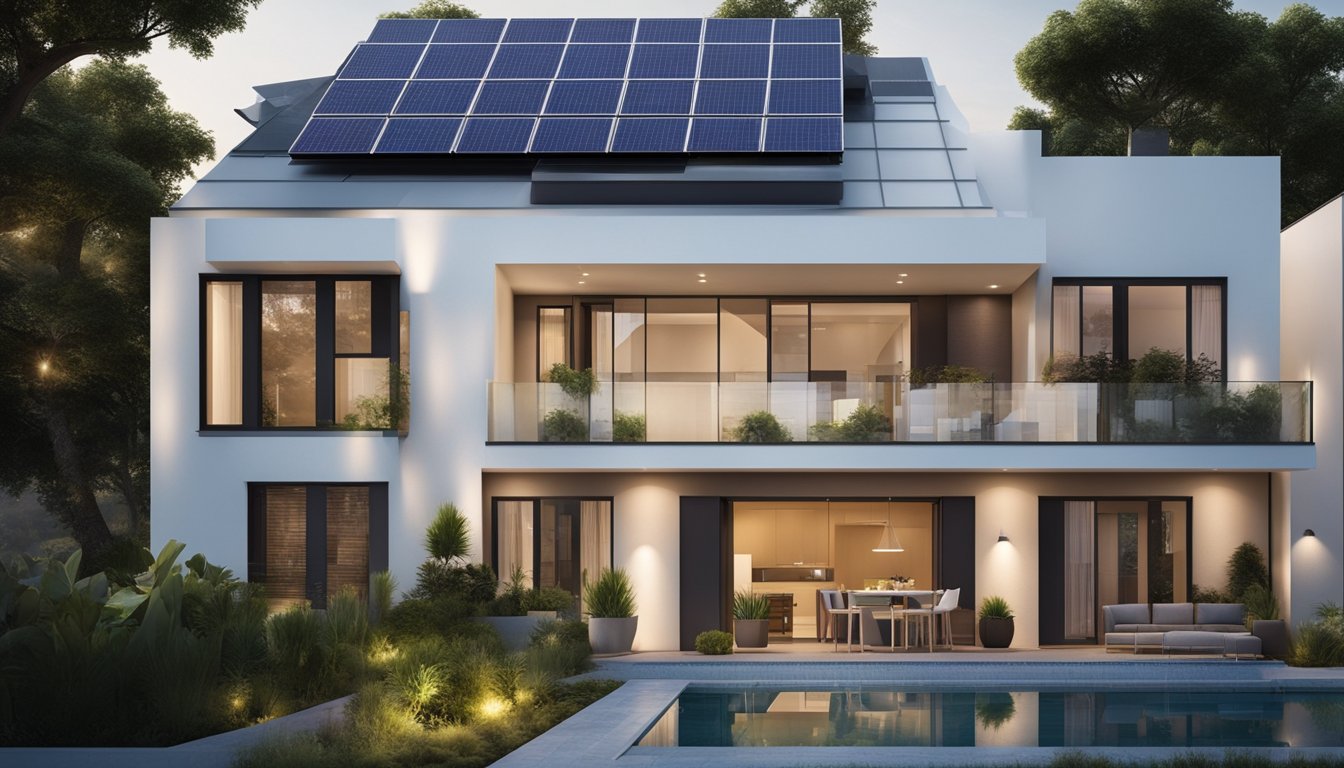 A modern home with solar panels on the roof, energy-efficient appliances, and LED lighting throughout